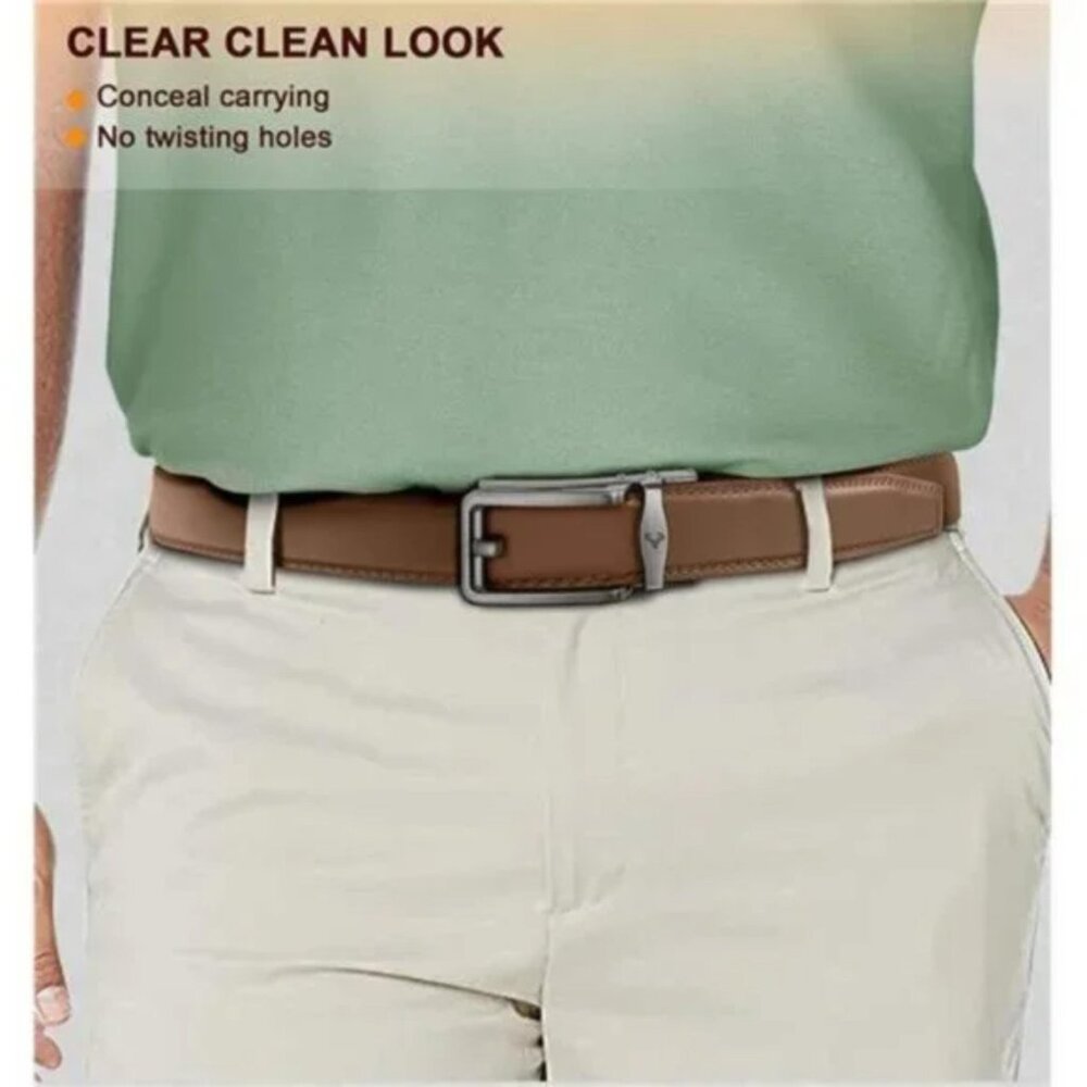 MEN Leather Belt, Ratchet Click Sliding Genuine Leather Adjustable Belt - Picture 7 of 8